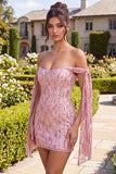 Sparkly Off The Shoulder Corset Bodycon Champagne Homecoming Dress