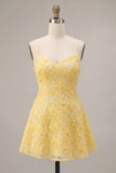 Yellow Floral A Line Spaghetti Straps Homecoming Dress With Beading