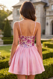 Pink Floral A Line Spaghetti Straps Sequins Homecoming Dress