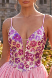 Pink Floral A Line Spaghetti Straps Sequins Homecoming Dress