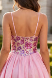 Pink Floral A Line Spaghetti Straps Sequins Homecoming Dress