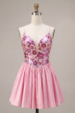 Pink Floral A Line Spaghetti Straps Sequins Homecoming Dress