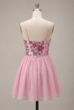 Pink Floral A Line Spaghetti Straps Sequins Homecoming Dress