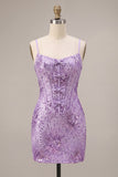 Corset Plum Bodycon Sequins Homecoming Dress With Bows