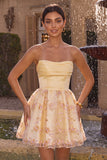 Strapless A Line Floral Light Yellow Homecoming Dress