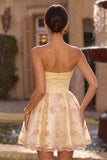 Strapless A Line Floral Light Yellow Homecoming Dress