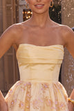 Strapless A Line Floral Light Yellow Homecoming Dress