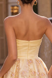 Strapless A Line Floral Light Yellow Homecoming Dress