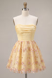 Strapless A Line Floral Light Yellow Homecoming Dress