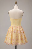 Strapless A Line Floral Light Yellow Homecoming Dress