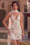 White Pink Floral Spaghetti Straps Bodycon Homecoming Dress With Fringes