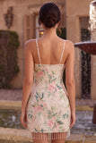 White Pink Floral Spaghetti Straps Bodycon Homecoming Dress With Fringes