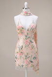 White Pink Floral Spaghetti Straps Bodycon Homecoming Dress With Fringes