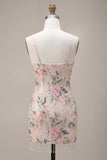 White Pink Floral Spaghetti Straps Bodycon Homecoming Dress With Fringes