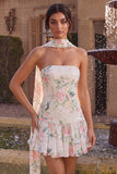 White Pink Floral Strapless A Line Homecoming Dress With Scarf
