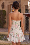 White Pink Floral Strapless A Line Homecoming Dress With Scarf