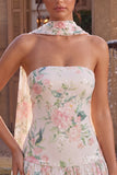 White Pink Floral Strapless A Line Homecoming Dress With Scarf