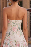 White Pink Floral Strapless A Line Homecoming Dress With Scarf