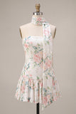 White Pink Floral Strapless A Line Homecoming Dress With Scarf