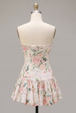 White Pink Floral Strapless A Line Homecoming Dress With Scarf