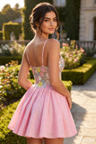Pink Floral V-Neck A Line Sequins Homecoming Dress