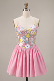 Pink Floral V-Neck A Line Sequins Homecoming Dress