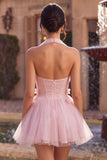 Halter A Line Pink Corset Homecoming Dress With 3D Flowers