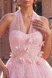 Halter A Line Pink Corset Homecoming Dress With 3D Flowers