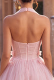 Halter A Line Pink Corset Homecoming Dress With 3D Flowers