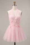 Halter A Line Pink Corset Homecoming Dress With 3D Flowers