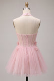 Halter A Line Pink Corset Homecoming Dress With 3D Flowers