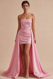 Pink Sequins Strapless Bodycon Homecoming Dress With Overskirt