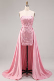 Pink Sequins Strapless Bodycon Homecoming Dress With Overskirt