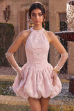 Halter A Line Pink Floral Beaded Homecoming Dress