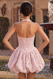 Halter A Line Pink Floral Beaded Homecoming Dress
