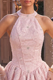 Halter A Line Pink Floral Beaded Homecoming Dress
