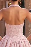 Halter A Line Pink Floral Beaded Homecoming Dress