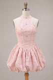 Halter A Line Pink Floral Beaded Homecoming Dress