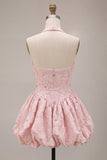 Halter A Line Pink Floral Beaded Homecoming Dress