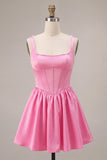 Square Neck Corset A Line Pink Homecoming Dress With Pearls