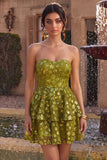 Strapless Sequin Floral Tiered A Line Green Homecoming Dress