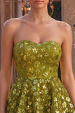 Strapless Sequin Floral Tiered A Line Green Homecoming Dress