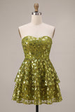 Strapless Sequin Floral Tiered A Line Green Homecoming Dress