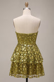 Strapless Sequin Floral Tiered A Line Green Homecoming Dress