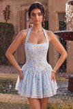 Corset Halter A Line Floral Sky Blue Homecoming Dress