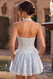 Corset Halter A Line Floral Sky Blue Homecoming Dress