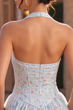 Corset Halter A Line Floral Sky Blue Homecoming Dress