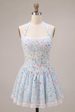 Corset Halter A Line Floral Sky Blue Homecoming Dress