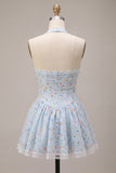 Corset Halter A Line Floral Sky Blue Homecoming Dress