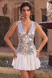 V-Neck Silver Sequin A Line Homecoming Dress